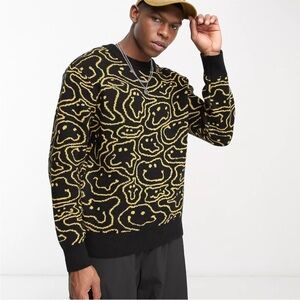 WESC x Leon Warp Smiley Face Knit Sweater Black/Yellow Unisex Pullover M